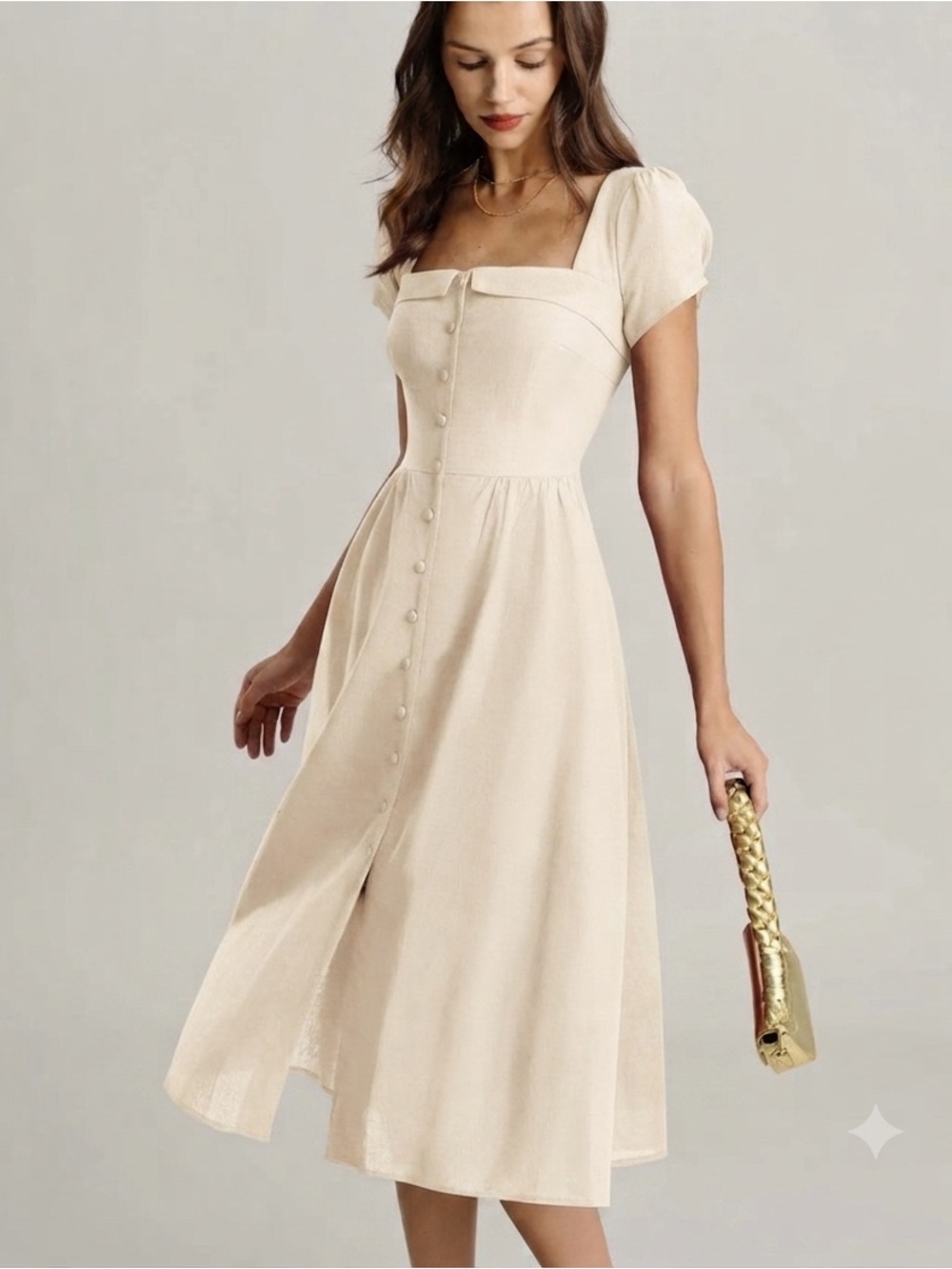 RIHOAS Cream Square-Neck Button Midi Dress